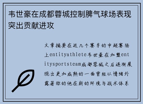韦世豪在成都蓉城控制脾气球场表现突出贡献进攻